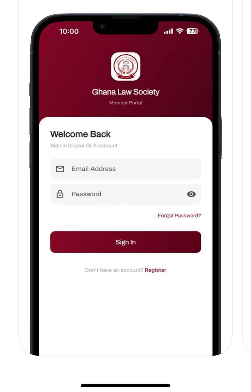 Mobile app sign-in screen for the Ghana Law Society member portal.