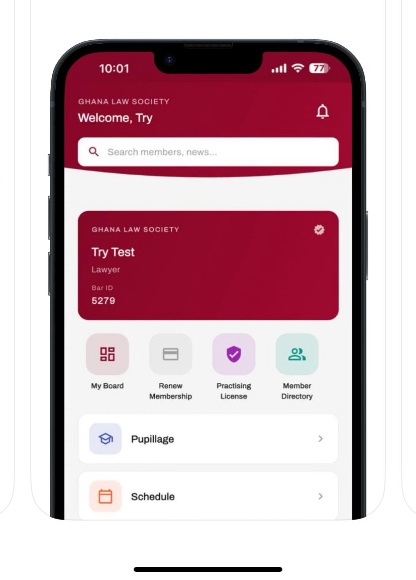 Mobile app dashboard showing a member card, membership renewal and directory.