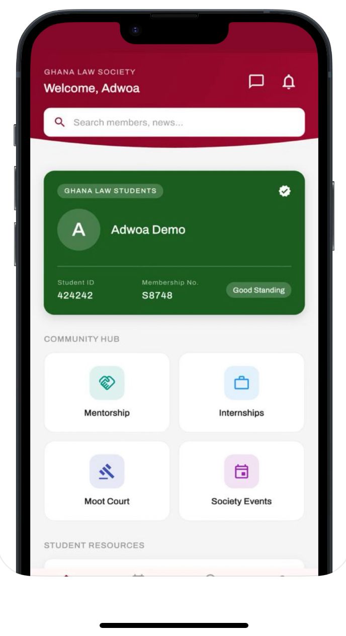 Mobile app dashboard for law students showing mentorship and internships.