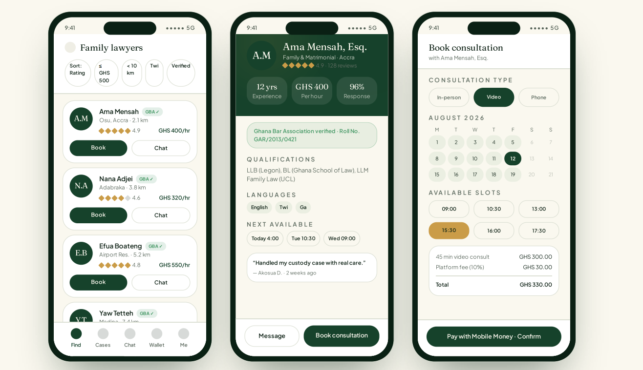 Three app screens: browsing lawyers, a lawyer profile and booking a consultation.