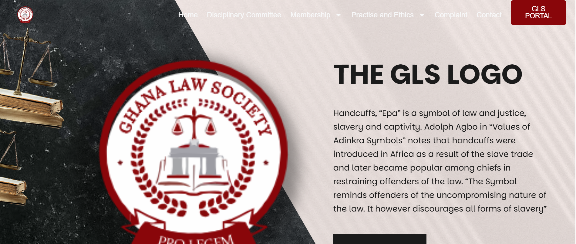 Ghana Law Society website showing the society crest and its meaning.